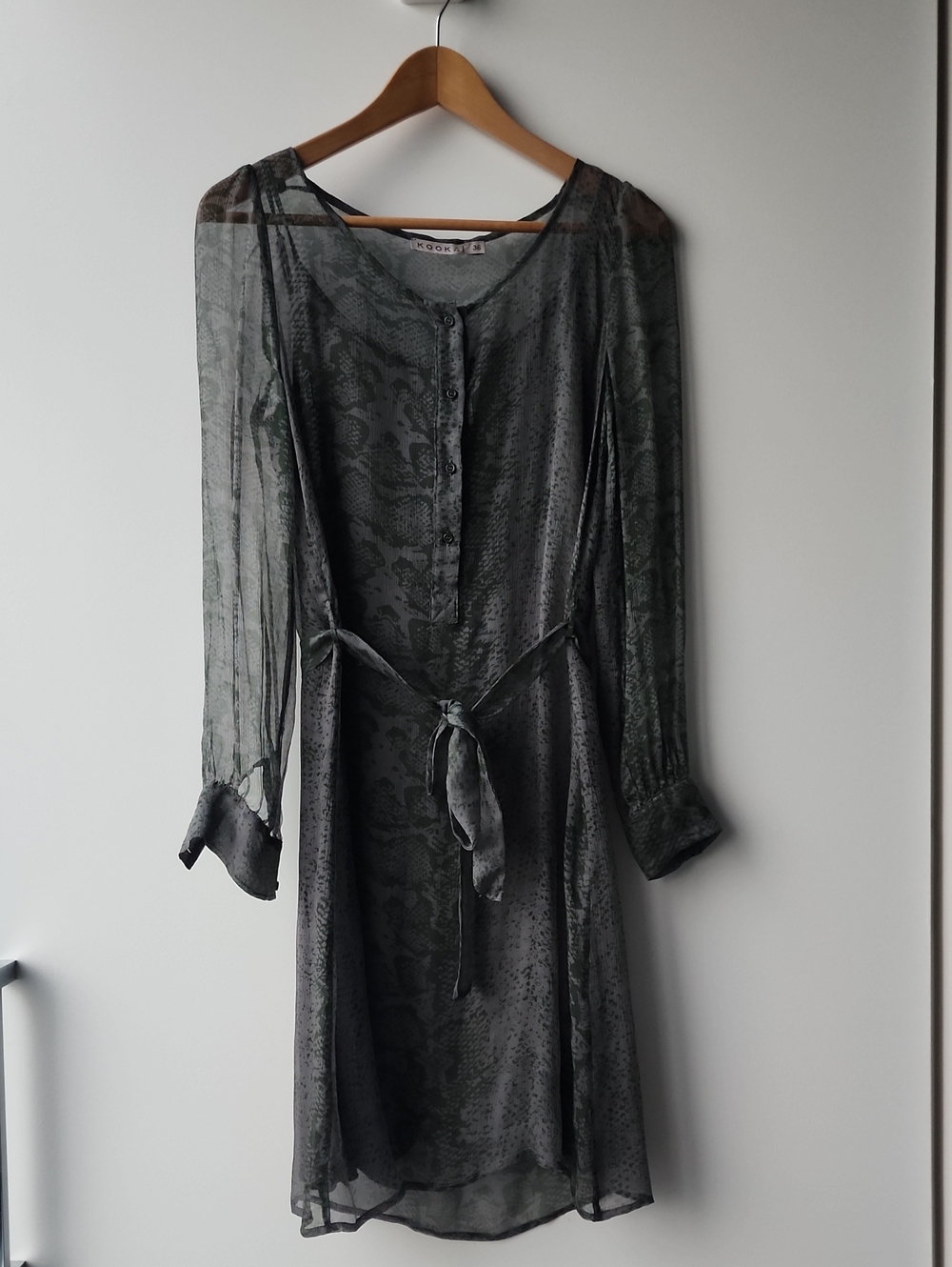 Kookai Sheer Crepe Snakeskin Print Waist Tie Half Button Dress
